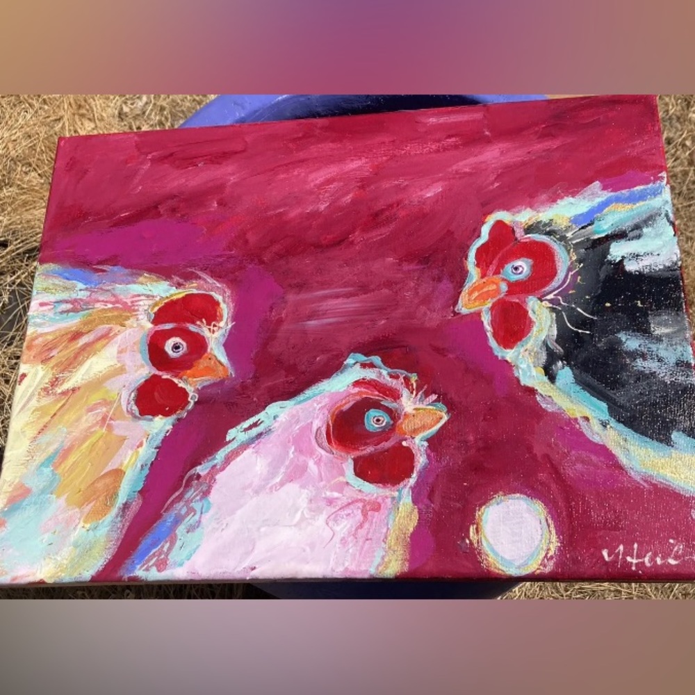 Three Chickens And An Egg””An Acrylic Original Painting 16”x12” On Canvas - Picture 7 of 14